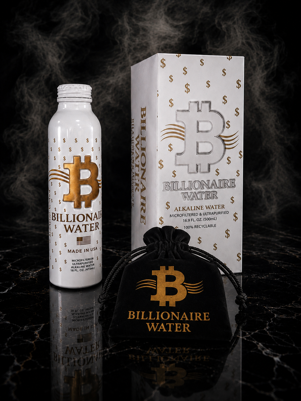 BILLIONAIRE WATER (White) Alkaline 16 oz - Black Velvet Sleeve
